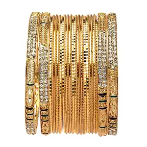 ZENEME Gold-Plated Crystal studded Classic Bangles Jewellery Set for Girls and Women (Set Of 16) (2.8)