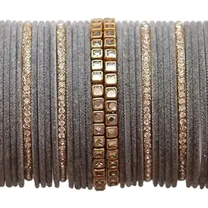 T4 Jewels 18k Gold Plated Zircon Stones and Beads Studded Fashion Jewellery Metal Bangles Set for Women & Girls_Grey_2.6