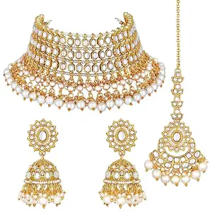 Peora Traditional Gold Plated White Kundan Beads Studded Choker Necklace Jhumki Earrings & Maangtikka Set Ethnic Function Fashion Jewellery Gift for Women