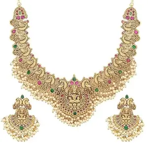 Traditional Temple Lakshmi Design Gold-Plated Necklace Set with Pearl Drops, Pink and Green Stone Embellishments