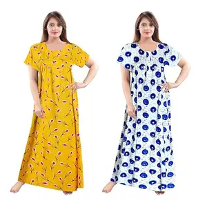 Women's Cotton Printed Nighty – Comfortable Full-Length Sleepwear with Short Sleeves-BZPE-398-2XL