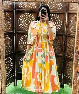 M Fashion Women's Cotton A-Line Midi Dress with Shrug, Printed Knee Length Dress, One Piece with Jacket