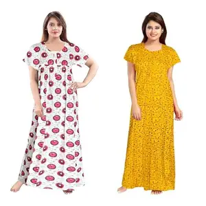 Women's Cotton Printed Nighty – Comfortable Full-Length Sleepwear with Short Sleeves-BZPE-300-Free Size