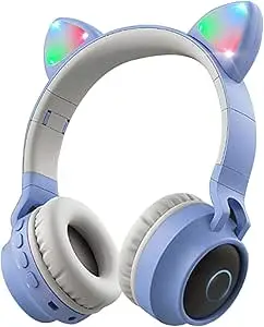 Wireless tooth Headphones, Cat Ears tooth Over Ear Headphones Volume Limiting,LED Lights, FM Radio, TF Card, Aux, Mic for iPhone/iPad/Kindle/Laptop/PC/TV