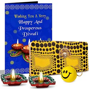 Alwaysgift Wishing You A Very Happy and Prosperous Diwali 2 Diyas, Ladies Wallet, Smiley Keychain,s & Greeting Card Hamper