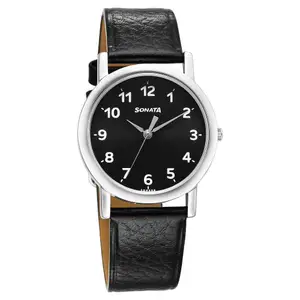 Visit the Sonata Store Sonata Classic Quartz Analog Black Dial Black Leather Strap Watch for Men-NS7987SL05W/NT7987SL05W