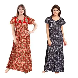 Women's Cotton Printed Nighty – Comfortable Full-Length Sleepwear with Short Sleeves-BZPE-283-Free Size