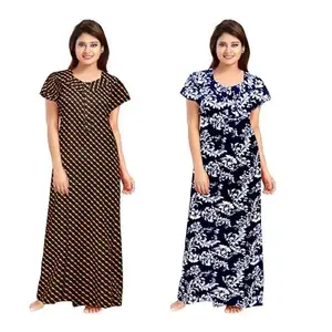 Women's Cotton Printed Nighty – Comfortable Full-Length Sleepwear with Short Sleeves-BZPE-248-Free
