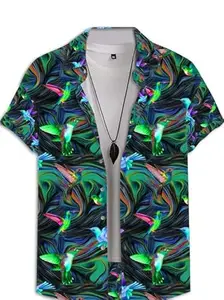 JOVO Fashion Shirt for Men Tropical Leaf Printed Rayon Shirts for Men Preppy Short Sleeves Spread Collared Neck Perfect for Outing Beach Camp Wear Shirt for Boys L919 6089 (44, GRN_BRD)