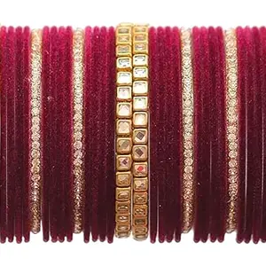 HERVERSE Combo Of Velvet Metal Bangle with Gold Plated Bangle for Women and Girls BL B CVB-13 Maroon 2.6