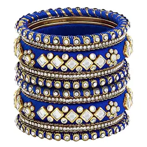 Peora Silk Thread Blue White Fabric/Stone Studded Kundan/Chura/Chuda Bangle Set Navratri Gift for Women Girls (Size 2.6 inch)