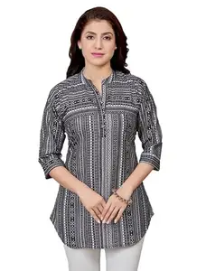 Women's Cotton Blend Mandarin Collar 3/4 Sleeves Short Top (Black, L)-PID56222