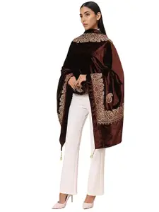Zamour Women Soft Velvet Embroidered Stole | Designer Paisley Embroidery Patterns on Scarf Border (28 x 80 inches)
