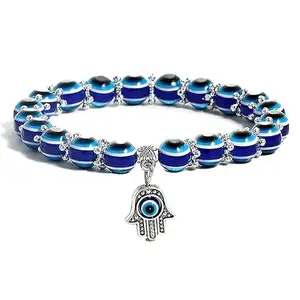 Adhvik Adjustable Round 8mm Blue Moti Pearl Beads/Stone Evil Eye Hamsa Fatima's Lucky Hand Palm Nazariya Suraksha Kavach Promise Wrist Band Cuff Elastic Field Bracelet For Women's & Girl's
