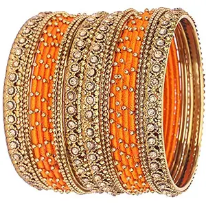 Generic Oneness (2.10 Large Size) Metal Bangles/Kada Set with Beautiful Golden Stone (Karwa Chauth Special) for Women & Girls - (Set of 20 Bangles)_Orange_2.10