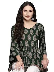 INDO ERA Women's Printed Cotton Blend A-Line Top (TP0GN5046_Small)