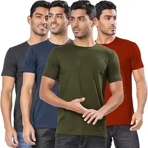 Visit the London Hills Store London Hills Men's Cotton Blend Regular Fit Solid Round Neck Half Sleeve T-Shirts - Pack of 4