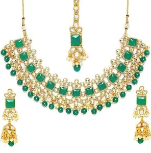 OOMPHelicious Jewellery Green Beads & Kundan Multi Layer Ethnic Choker Necklace Set with Matching Drop Earrings & Maangtikka for Women & Girls