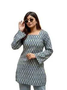 Cotton Top, Diamond Print Pattern, Long Sleeve, Casual Tunic Style