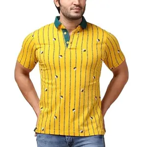 Men's Casual Cotton Printed Polo Neck Half Sleeve T-Shirt (Yellow, M)-PID55438