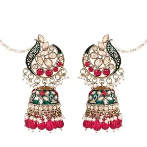 I Jewels Gold Plated Traditional Meenakari Kundan & Pearl Jhumka Earrings With Earchain For Women (E3382)