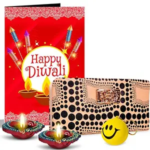 Alwaysgift Happy Diwali 2 Diyas, Ladies Wallet, Smiley Keychain,s & Greeting Card Combo Set