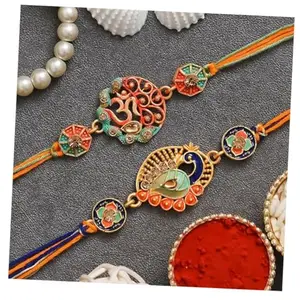 eCraftIndia Multicolor Set of 2 Religious Om Symbol and Peacock Designer Rakhis with Roli Chawal Pack - Rakhis for Brothers