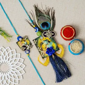 eCraftIndia Radha Krishna Designer Rakhis for Brother and Bhabhi | Bhaiya Bhabhi Rakhi Set of 2 | Lumba Rakhi for Bhabhi