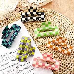 Whaline 6 Pack Checkered Hair Claw Clips Strong Hold Rectangle Hair Claw Multicolored Plaid Non-Slip Catch Hair Clips Jumbo Hair Styling Accessories for Women Girls Thin Thick Hair