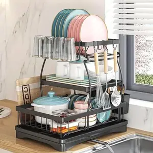 Dratal Dish Drainer with Dish Tray, Dish Dryer, Two-Step Dish Organiser with Cup Holder, Utensil Holder and Chopping Board Holder, Over The Sink, Kitchen Tableware Stand (Black 1)