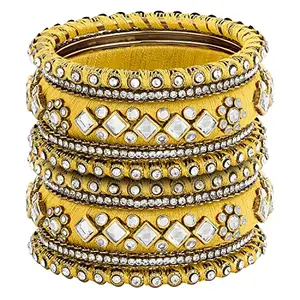Peora Women Yellow White Silk Thread Fabric Stone Studded Kundan Chura Chuda Bangle Set(Size 2.6 Inch)