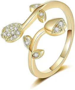 Lila Designer Cubic Zirconia CZ Leaves Design Adjustable Ring Gift for Women & Girls Stainless Steel Cubic Zirconia Gold Plated Ring (BZR_HC300-W-Ring-0007LeavesGoldRing)