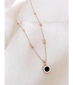 Elegant Rose Gold Chain Necklace with Black Round Pendant, Delicate Design