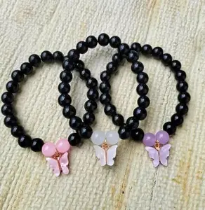 Handcrafted Beaded Bracelets, Black Onyx and Rose Quartz, Set of 3, 20 cm (Black)