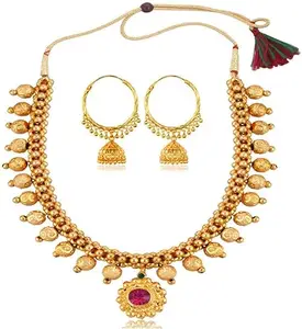 Heer Collection Traditional Wedding Maharashtrian Kolhapuri Thushi Necklace Saaj Thushi Mangalsutra Pendant Locket Necklace Set Jewellery Set with Jhumki Earring Combo(ComboThushi803-Jhumki1013)