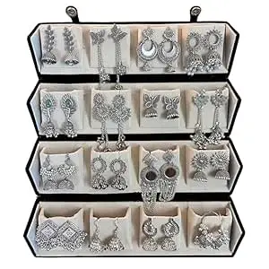 Brijsun Innovations Oxidised Silver Jhumki Earrings Gift Hamper | Set of 16 Traditional Jhumkas with Folder-Style Jewellery Organizer | Ethnic Earrings Combo for Women & Girls | Perfect for Festive & Wedding Gifting