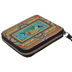 Kalankit Zip Around Wallet for Women | Solid Two Fold Wallet |Modern Madhubani (Black)