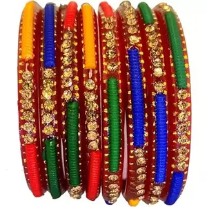 DONERIA DONERIA Glass with Zircon Gemstone Studded worked Glossy Finished Kada Set For Women and Girls, (MultiColour_2.6 Inches), Pack Of 8 Kada Set
