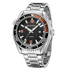 GIORDANO Analog Quartz Watch for Men – Round Dial with Rotating Bezel, Luminous Hour Markers, Silicone & Stainless Steel Strap, Date Display