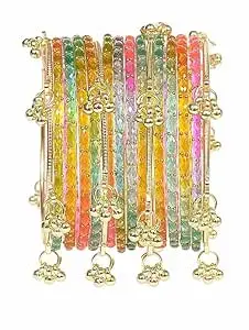 KAYASHA Kashmiri Ghangharoo Glass Bangle Set for Women| Light Weight Bangles | Traditional Transparent Fancy Glass Chudi Set for Wedding, Party(Set Of 16)
