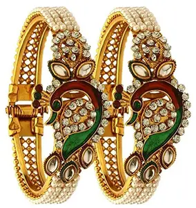 ZENEME Designer Pearl Antique Gold Plated & styled in peacock design Bangles/Kada Jewellery for Women/Girls. A exquisite set of 2 best worn with full confidence