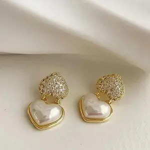 Rubique Gold Plated Korean Style Rhinestone Double Heart Earrings Cubic Zirconia Alloy Earring Set, Drops & Danglers - Pair Of 1