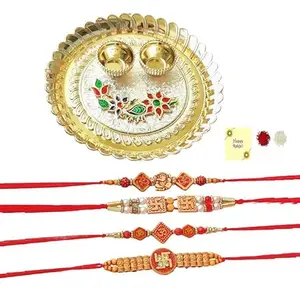 Avanti Creations Set Of 4 Auspicious Rakhi Amazing Combo 1 Pooja Thali Kankawati with Raksha Bandhan Greeting Card And Tilak