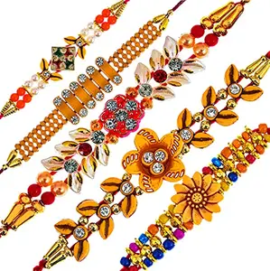 brown leaf Beautiful Designer Pearl Beads Stone Chandan Meena Rakhi Combo for Raksha Bandhan Gift Band Moli Bracelet Rakhi for Brother Bhaiya With Tilak Pack (10)