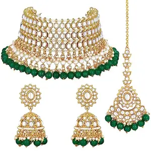 Peora Traditional Gold Plated Green Kundan Beads Studded Choker Necklace Jhumki Earrings & Maangtikka Set Ethnic Function Fashion Jewellery Gift for Women