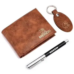 MEHZIN Men Formal Tow Tone Tan Artificial Leather Wallet,Key Ring & Pen 3Pcs Combo Gift Set (8 Card Slots) Style-194