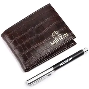 MEHZIN Men Formal Brown Artificial Leather Wallet & Pen 2Pcs Combo Gift Set (5 Card Slots). Wallet & Pen Gift Set. Style-174