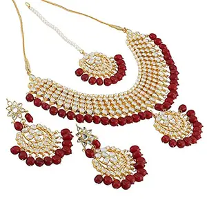 Shining Diva Fashion Gold Plated Kundan Pearl Necklace Set with Earrings for Women and Girls (Red)(9608s)