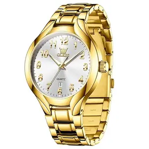 OLEVS White Watches for Men Original Luxury Analog Quartz Multifunctional Mens Watch Stainless Steel Waterproof Calendar Gold Male Wrist Watch