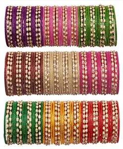 NMII Glass with Zircon Gemstone Or Spread with Glitter Pattern and Linked with Ball Chain Glossy Finished Bangle Set For Women and Girls, (F26_Multicolour_2.8 Inches), Pack Of 144 Bangle Set
